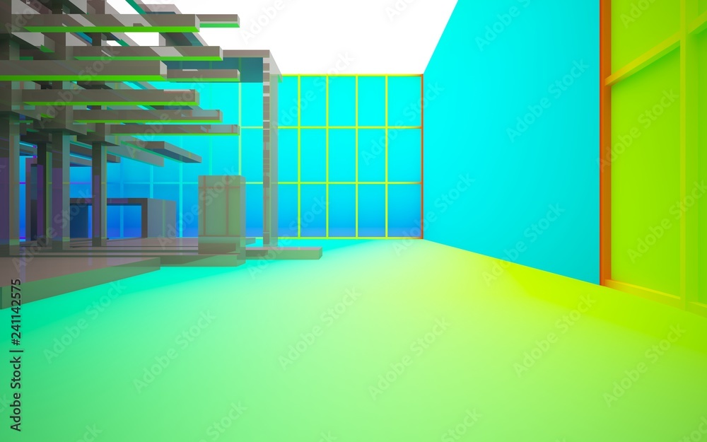 Obraz premium Abstract white and colored gradient interior multilevel public space with window. 3D illustration and rendering.