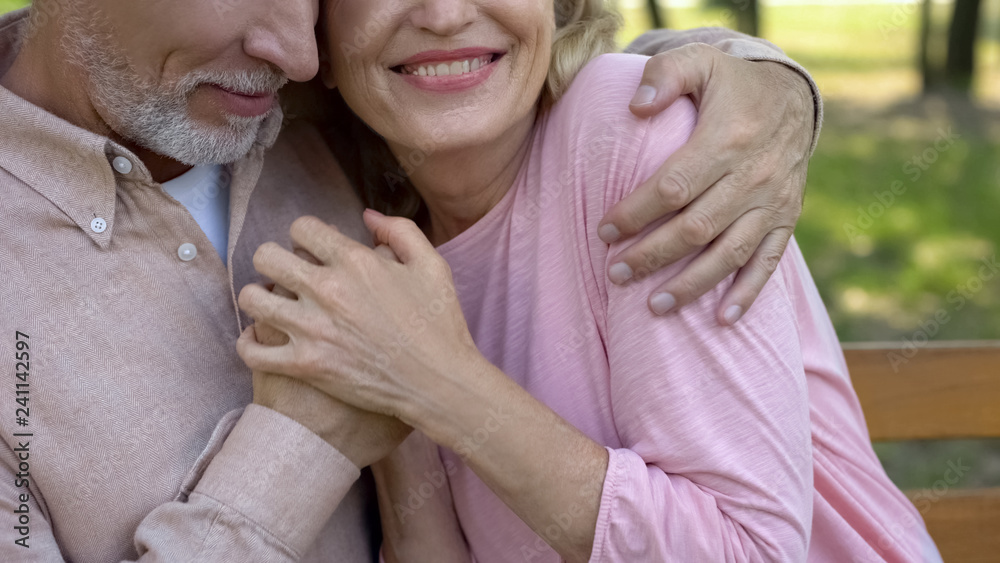 Fototapeta premium Loving senior couple embracing in park, comfortable retirement, secure old age