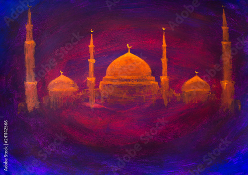 Canvas Print Handpainted orange temple church mosque in background - oil painting artwork Ramadan Kareem islamic greeting design