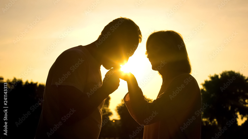 Silhouette of gentleman kissing wife's hand, senior couple in love, romance
