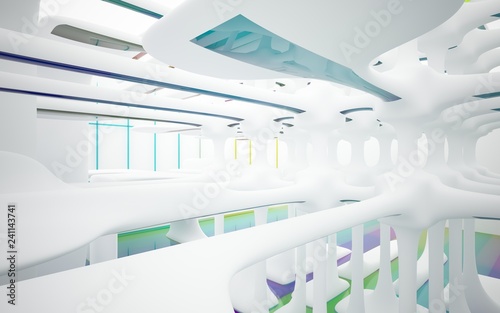 Abstract white and colored gradient glasses interior multilevel public space with window. 3D illustration and rendering.