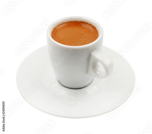 Full white espresso coffee cup on saucer isolated