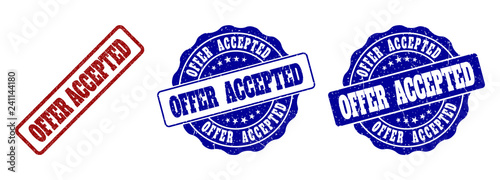 OFFER ACCEPTED grunge stamp seals in red and blue colors. Vector OFFER ACCEPTED overlays with grunge texture. Graphic elements are rounded rectangles, rosettes, circles and text tags.