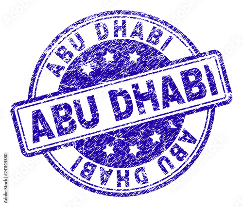 ABU DHABI stamp seal imprint with distress texture. Designed with rounded rectangles and circles. Blue vector rubber print of ABU DHABI text with unclean texture.
