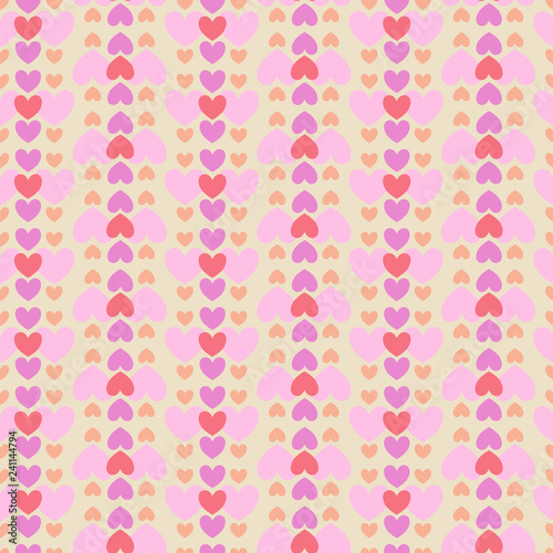 Sweet love colored hearts arranged in a geometric pattern. Vector illustration of a repeating seamless pattern on a light background.