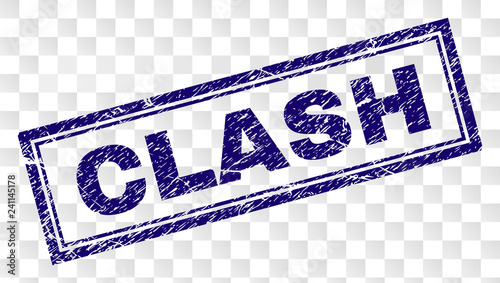 CLASH stamp seal watermark with rubber print style and double framed rectangle shape. Stamp is placed on a transparent background. Blue vector rubber print of CLASH tag with unclean texture.