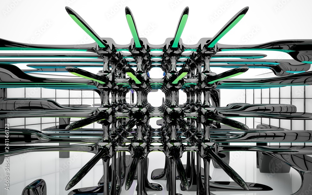 Obraz premium Abstract dynamic interior with brown and colored gradient smooth objects. 3D illustration and rendering