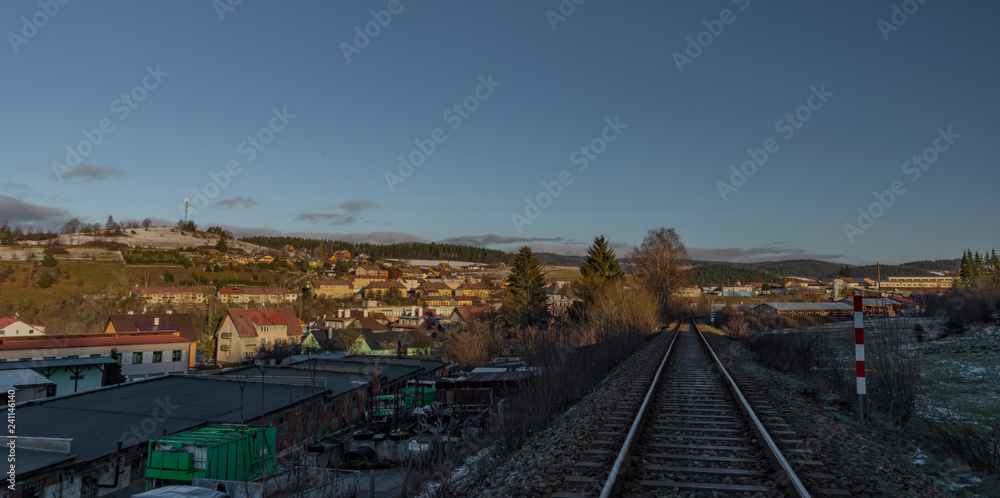 Vimperk town and railway track in sunny winter afternoon