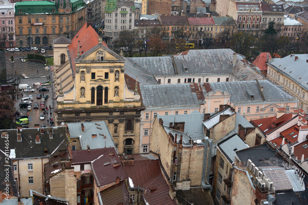 Ancient Lviv view from height. Nice view of the ancient city, a tourist place.
