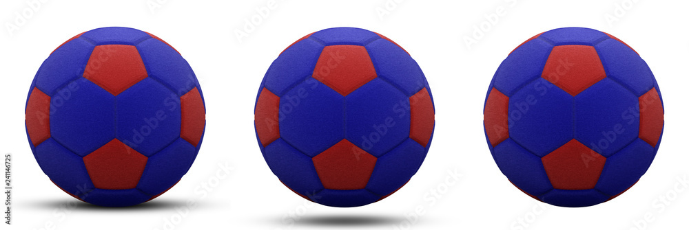 blue-red soccer ball in three versions, with shadow and without. Isolated on white. 3d render.