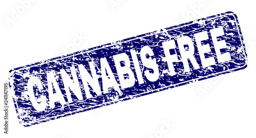 CANNABIS FREE stamp seal print with distress texture. Seal shape is a rounded rectangle with frame. Blue vector rubber print of CANNABIS FREE text with grunge texture.