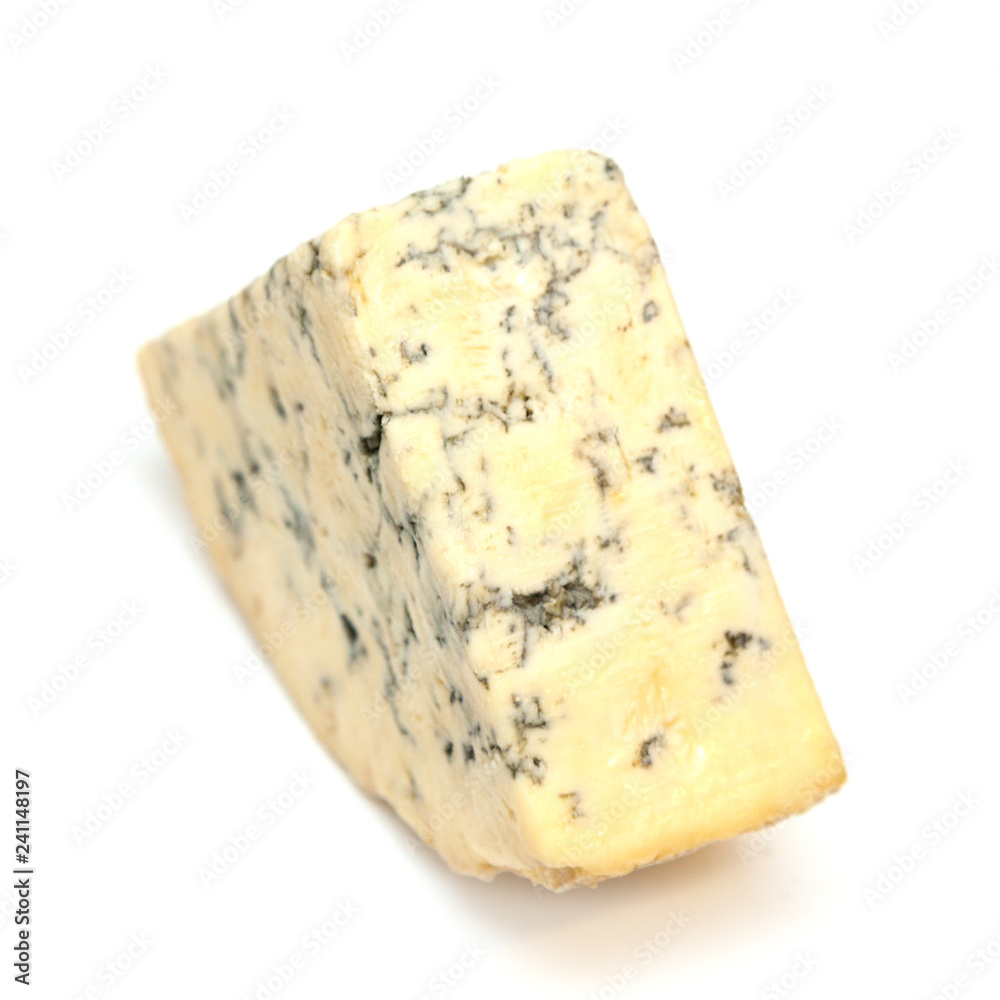 Mature blue stilton cheese isolated on a white studio background.
