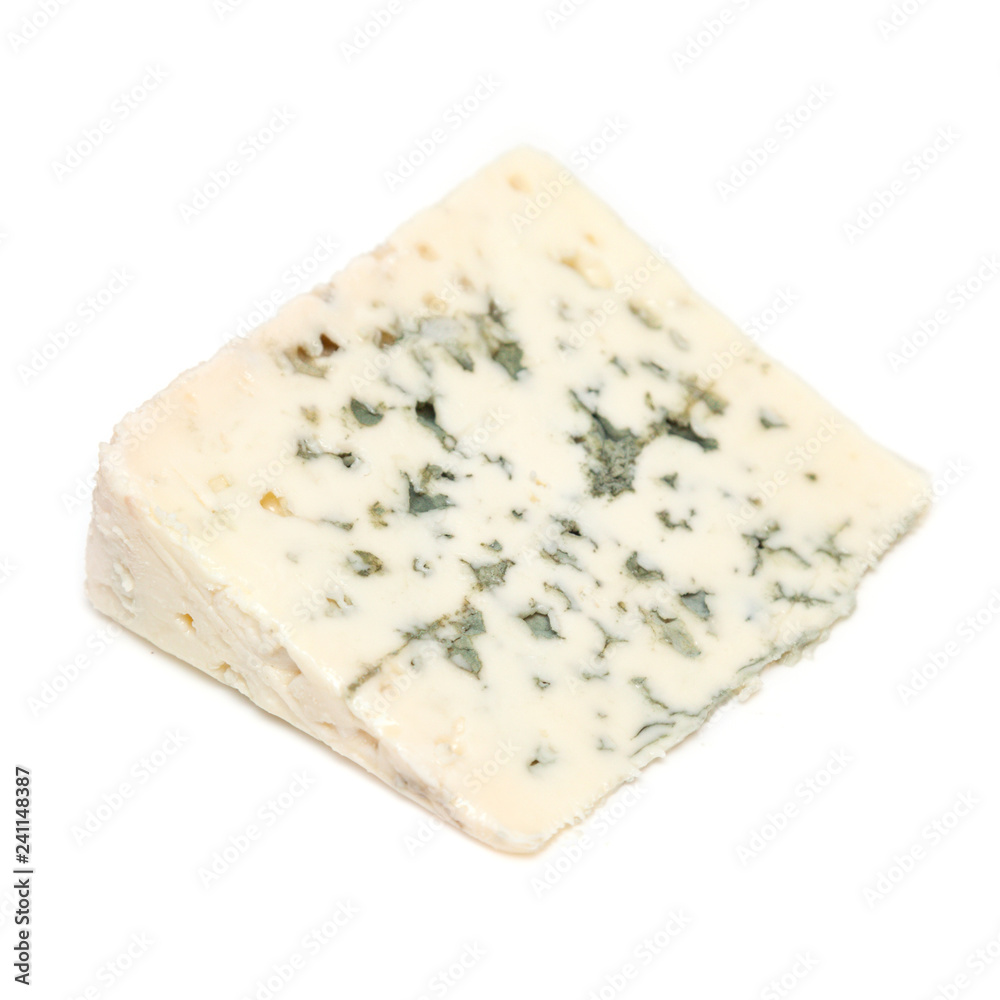 French Roquefort blue cheese isolated on a white studio background. French Roquefort blue cheese isolated on a white studio background.