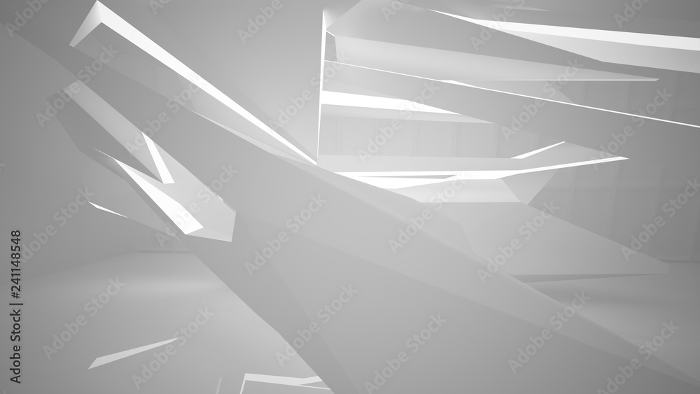 Abstract white interior multilevel public space with neon lighting. 3D illustration and rendering.