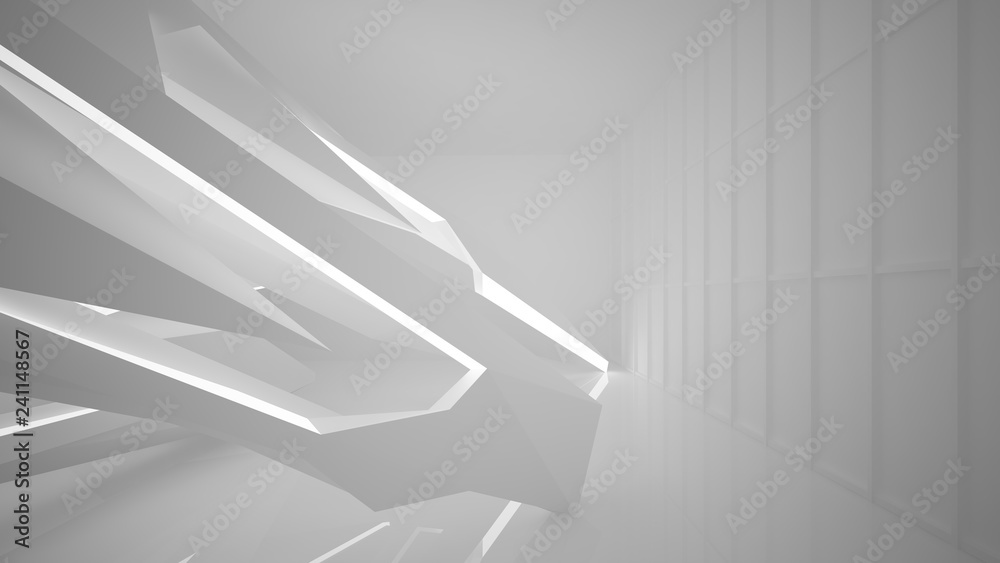 Abstract white interior multilevel public space with neon lighting. 3D illustration and rendering. Abstract white interior multilevel public space with neon lighting. 3D illustration and rendering.