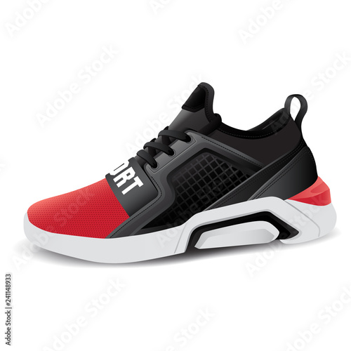 Realistic sport running shoe for training and fitness on white background, trendy sneakers, vector illustration