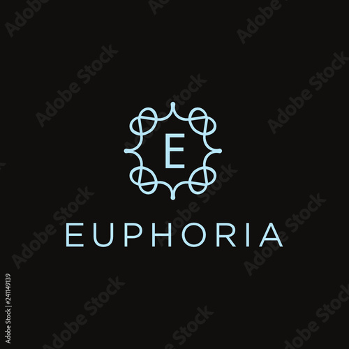 Premium linear shield monogram letter E logotype. Elegant crest leaf stamp icon vector logo. Luxury alphabet frame symbol. - Vector