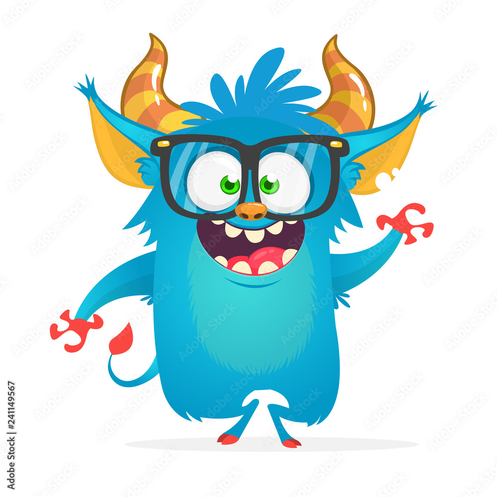 Naklejka premium Monster wearing eyeglasses presenting. Halloween vector illustration