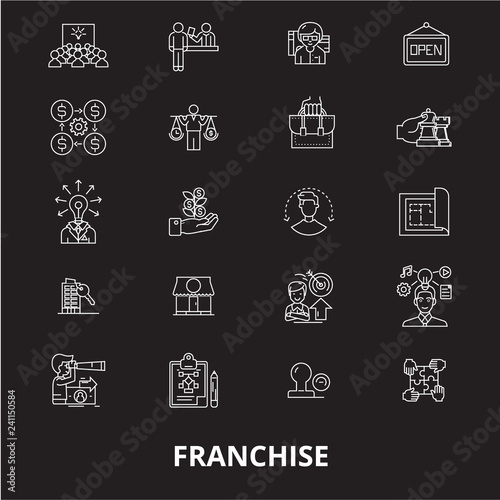 Franchise editable line icons vector set on black background. Franchise white outline illustrations, signs,symbols