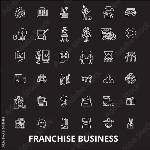 Franchise business editable line icons vector set on black background. Franchise business white outline illustrations, signs,symbols