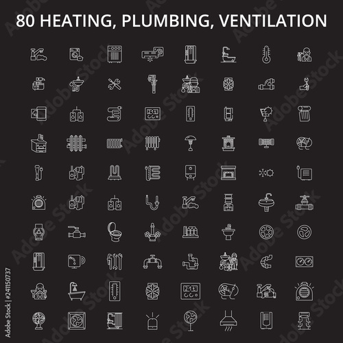 Heating, plumbing, ventilation editable line icons vector set on black background. Heating, plumbing, ventilation white outline illustrations, signs,symbols
