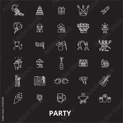 Party editable line icons vector set on black background. Party white outline illustrations, signs,symbols