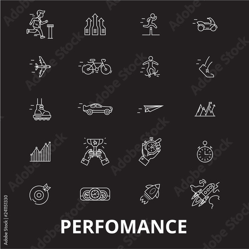 Perfomance editable line icons vector set on black background. Perfomance white outline illustrations, signs,symbols