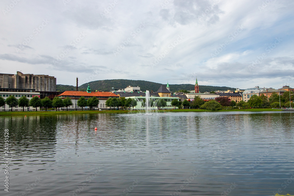 Fountain in a lake in the city of Bergen, Norway.