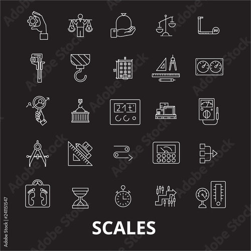 Scales editable line icons vector set on black background. Scales white outline illustrations, signs,symbols