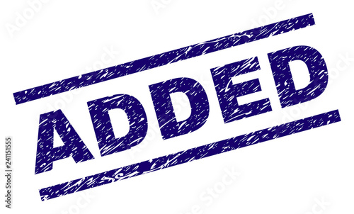 ADDED seal print with scratced style. Blue vector rubber print of ADDED title with unclean texture. Text tag is placed between parallel lines.