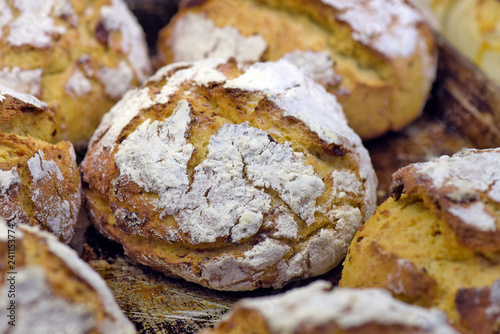 Closeup of Portuguese bread on bakery counter