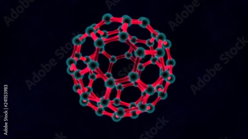3D illustration of red balloon, the molecules of the graphene crystal lattice. The idea of nanotechnology, biological weapons, virus, energy. 3D rendering on a dark background.