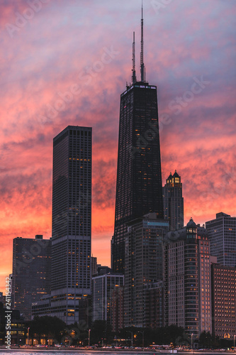 chicago skyline at sunset
