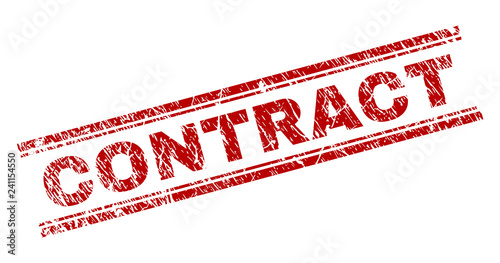 CONTRACT seal print with corroded effect. Red vector rubber print of CONTRACT label with unclean texture. Text label is placed between double parallel lines.