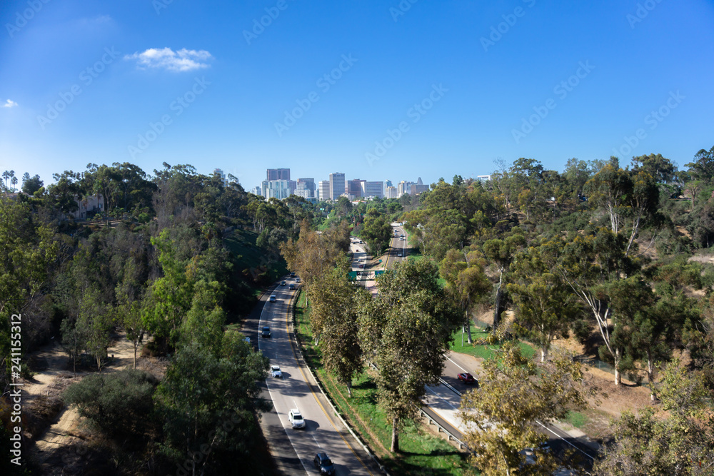 Fototapeta premium Freeway road to the city and out of the city among trees
