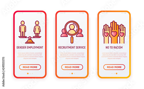 Business ethics thin line icons set: no to racism, recruitment service, gender employment. Vector illustration for user mobile interface.