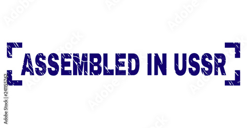 ASSEMBLED IN USSR text seal stamp with corroded texture. Text tag is placed between corners. Blue vector rubber print of ASSEMBLED IN USSR with dirty texture.