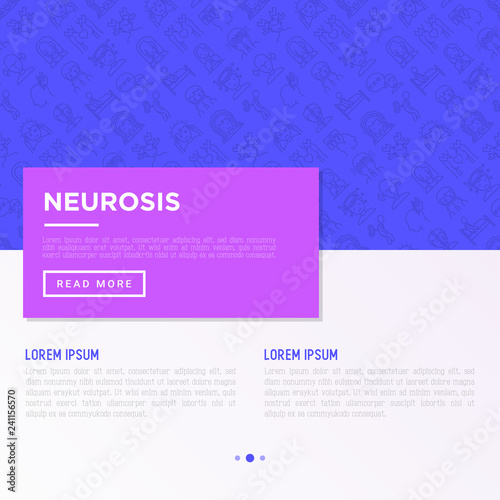 Neurosis concept with thin line icon: panic attack, headache, fatigue, insomnia, despair, phobia, mood instability, stuttering, psychalgia, dizziness. Vector illustration, print media template.