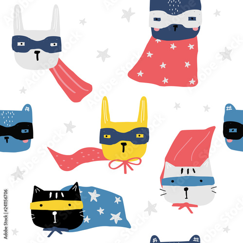 Seamless pattern with animals superheroes and stars. Funny kids print. Vector hand drawn illustration. 