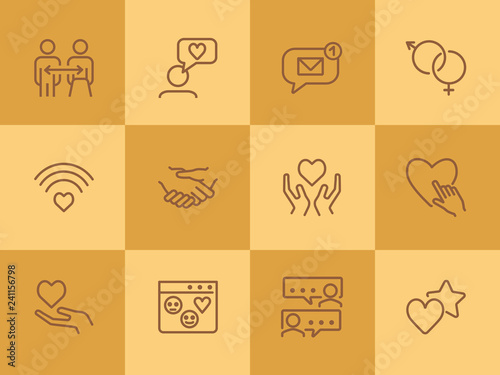 Relationships line icon set. Set of line icons on white background. Sociality concept. Message, notification, relationship. Vector illustration can be used for topics like internet, chatting