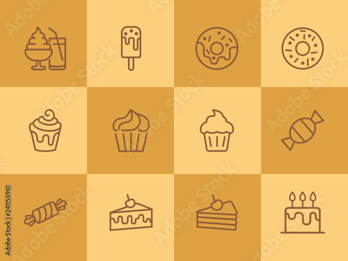 Sweets line icon set. Set of line icons on white background. Confectionery concept. Ice-cream, pie, cake, caramel. Vector illustration can be used for topics like confectionery, sweet, cafe