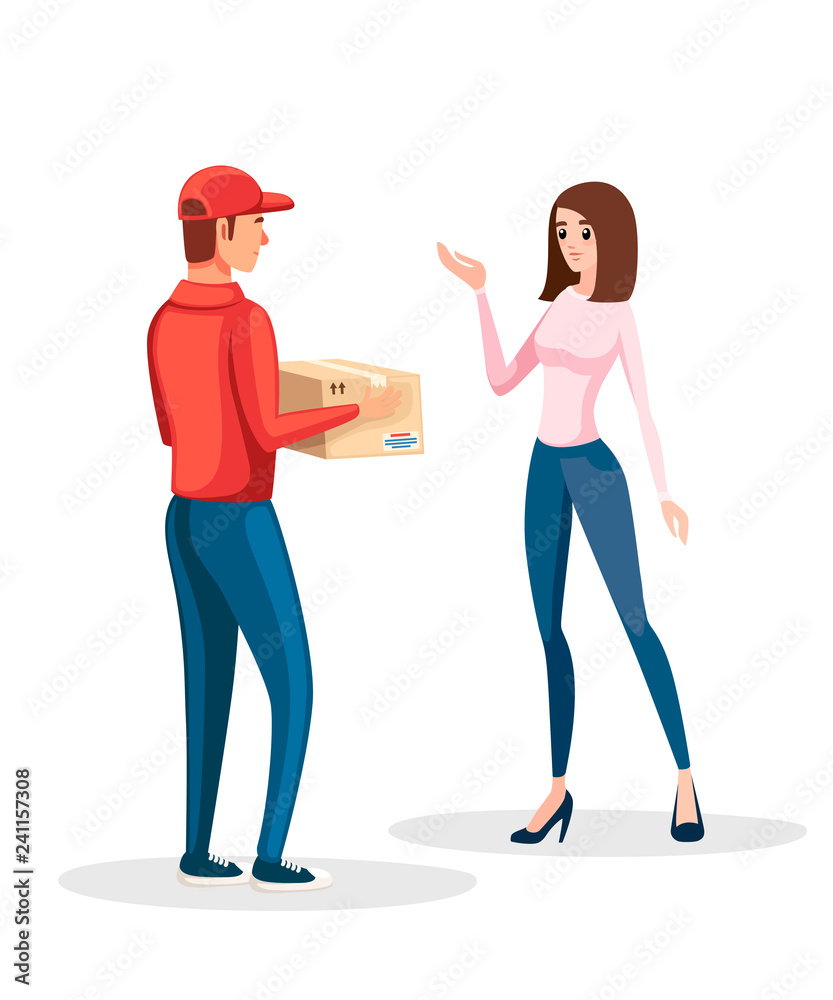 Delivery man with box and client woman. Red courier uniform. A woman receives a parcel. Flat vector illustration isolated on white background