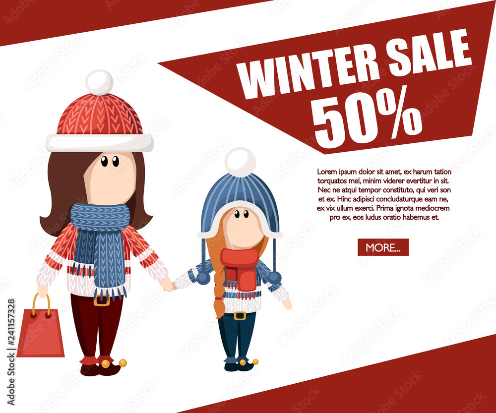 Naklejka premium Women hold paper bags. Winter sale, special discount. Web site page and mobile app design. Holidays shopping. Cartoon character design. Flat vector illustration on white background