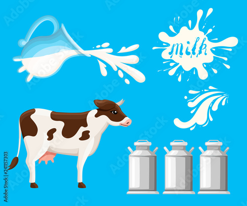 Dripping and flow milk. Splash drop cream or yogurt. Cow and milk cans. Flat vector illustration. Website page and mobile app design. Concept for advertising. Milk logo