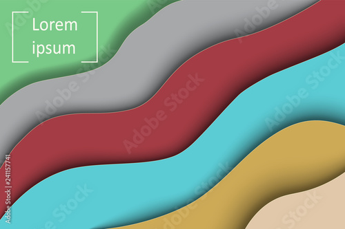 Wave and shadow loops are carved out of green, gray, burgundy, turquoise and yellow in color with a place for the inscription. Vector illustration.