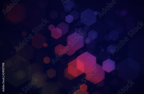 Layered and transparent blue, purple and red hexagons on dark blue background. Abstract hexagonal illustration background. Blurred and faded hexagons on sides.