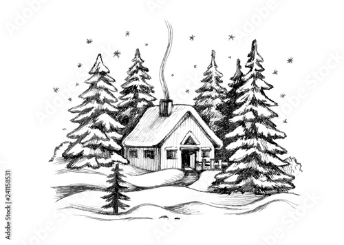 Wooden house in the winter forest