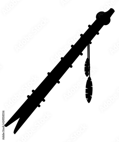 Black silhouette. Wooden flute with Native american pattern. Musical instrument with feathers. Flat vector illustration isolated on white background photo