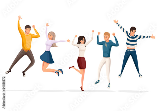 Happy group of people jumping. Cartoon character design. Concept of friendship. Flat vector illustration on white background