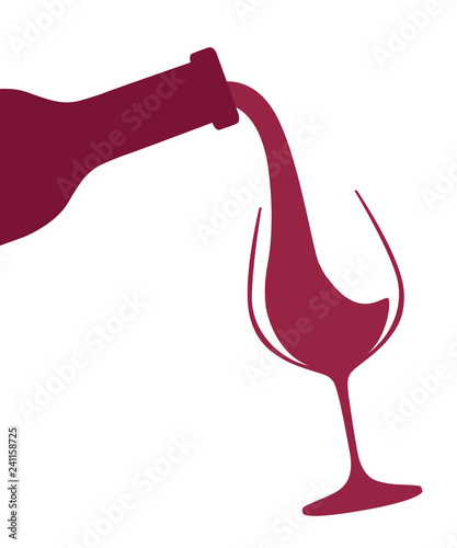 Abstract logo or illustration. Red wine pouring from bottle to glass. Flat vector illustration isolated on white background